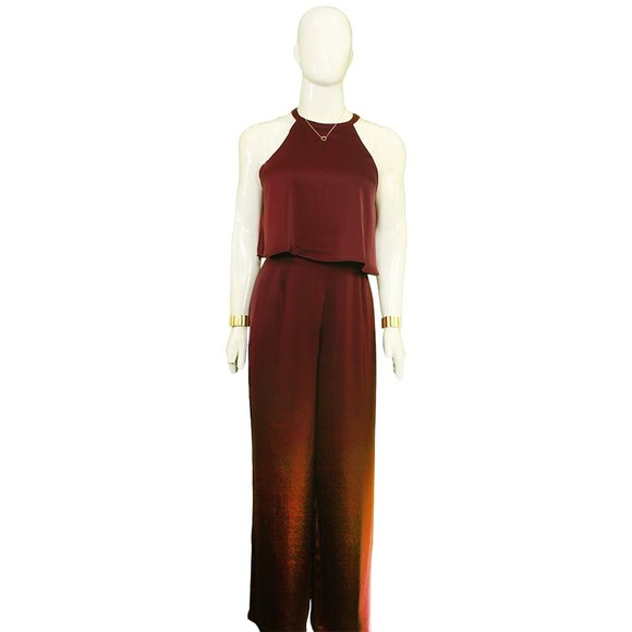 1990s Vintage Burgundy Halterneck Wide-Leg Jumpsuit - Picture 1 of 4